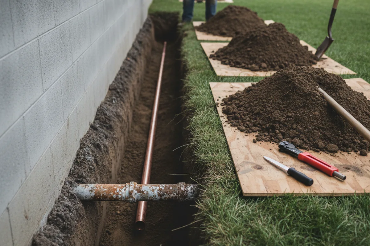 Excavated water line trench during Water Softener Installation in Dearborn Heights